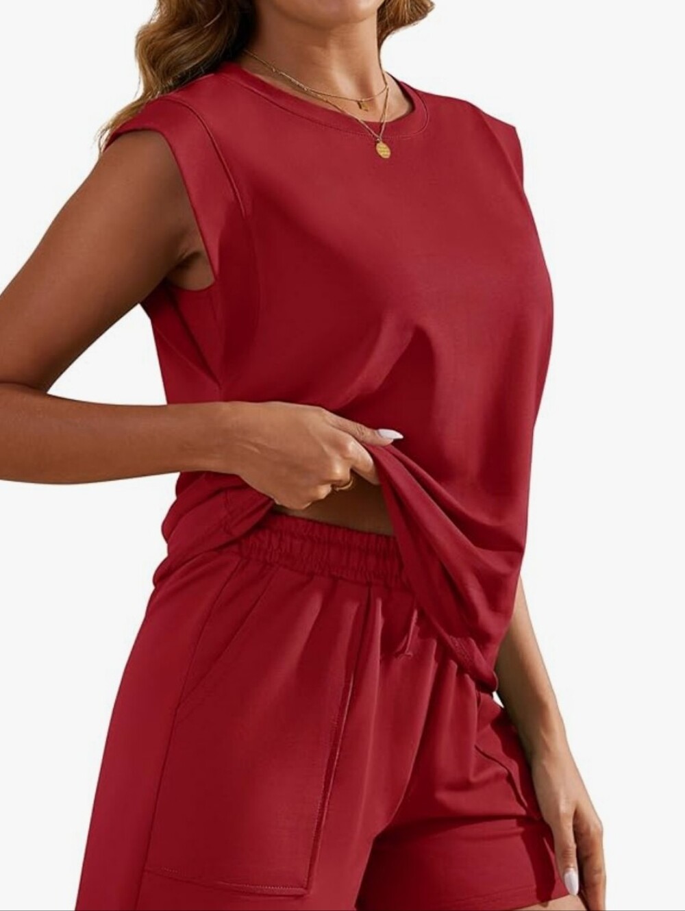 Sleeveless Top and Drawstring Shorts Set - Red - Picture 5 of 6